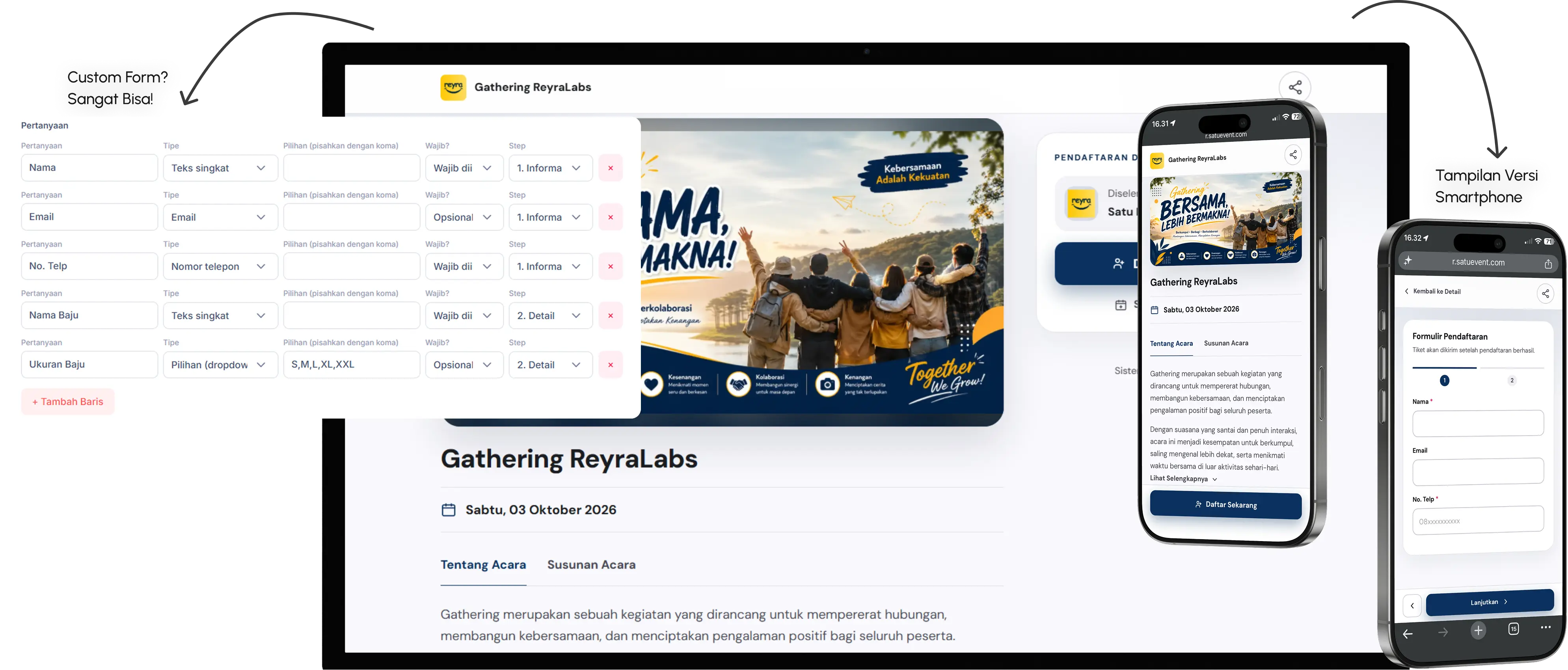 Halaman registrasi peserta event SatuEvent dengan form pendaftaran online dan pilihan tiket