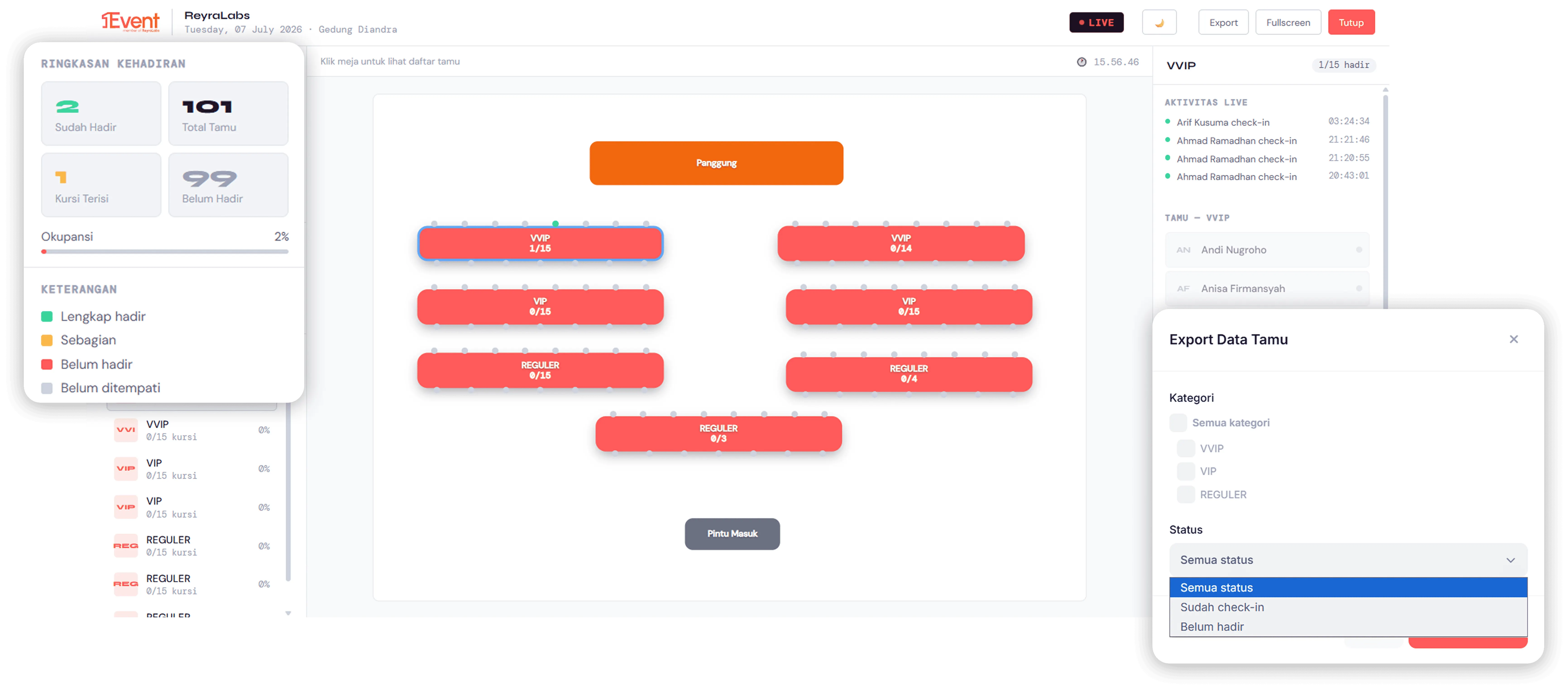 Live seat monitoring denah kursi event dengan status kehadiran peserta secara real-time