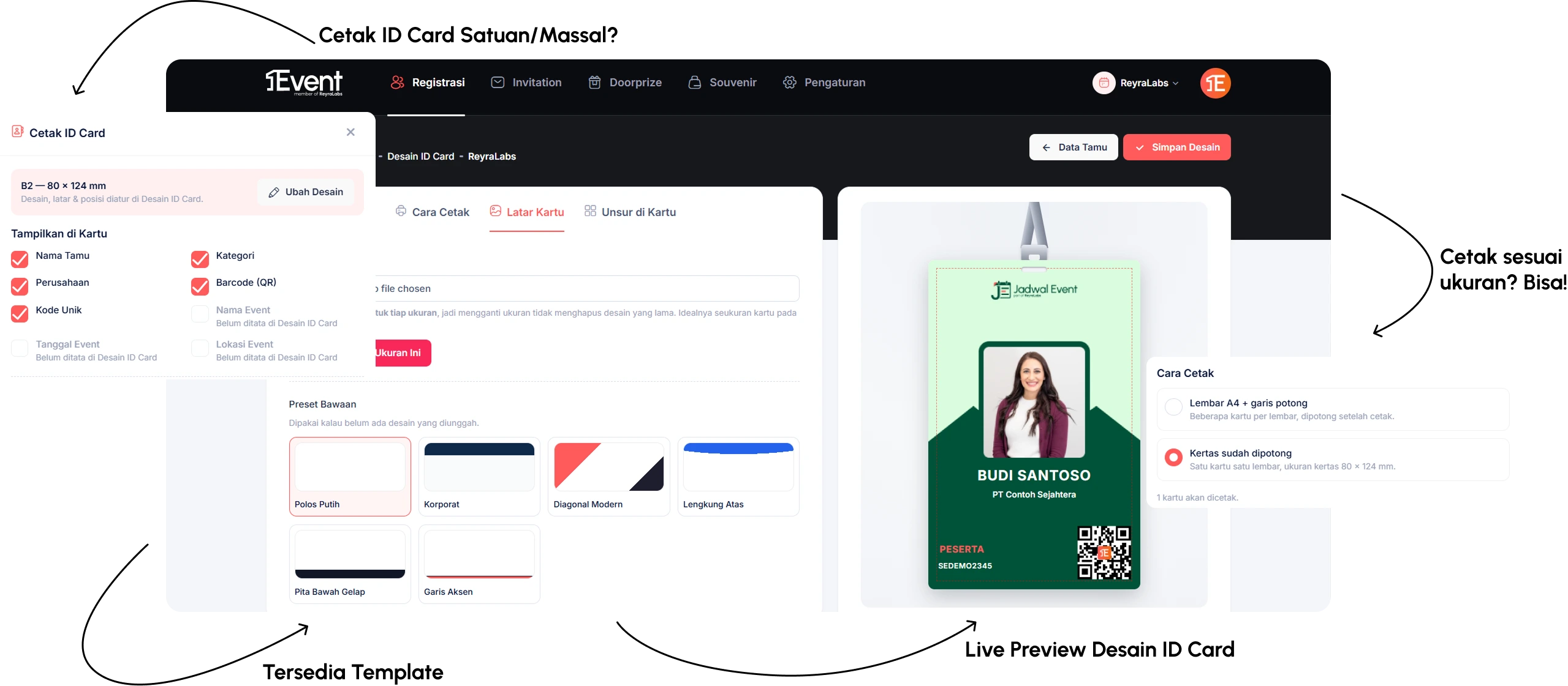 Sistem cetak ID card dan badge peserta event otomatis saat check-in di lokasi acara